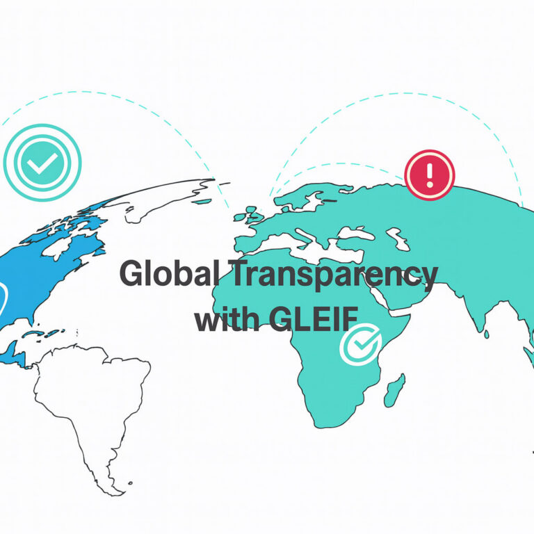 Wereldkaartillustratie die wereldwijde verbindingen toont en de tekst 'Wereldwijde Transparantie met GLEIF', symboliserend financiële transparantie en betrouwbare entiteitsidentificatie