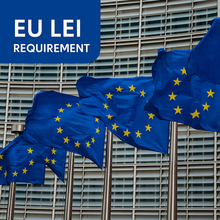 EU LEI-vereiste – vlaggen van de Europese Unie voor het Commissiegebouw, die de Legal Entity Identifier-verplichtingen in de EU symboliseren