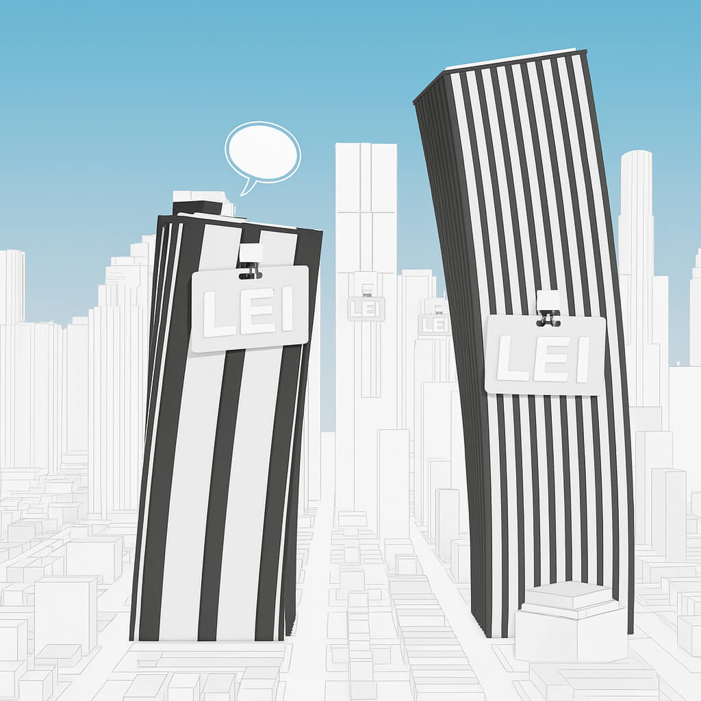 Illustratie van bedrijfsgebouwen met LEI-badges, die het gebruik van de Legal Entity Identifier in de bedrijfssector symboliseert