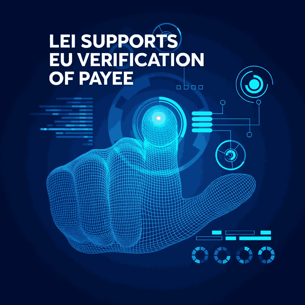 LEI ondersteunt EU-verificatie van begunstigden – digitale illustratie die laat zien hoe de Legal Entity Identifier de betalingsverificatie en transparantie in de EU verbetert.