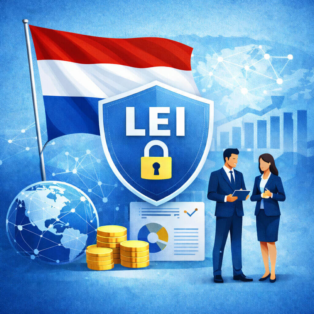 Illustratie van de LEI-code in Nederland met het Nederlandse vlag, financiële symbolen en zakelijke professionals